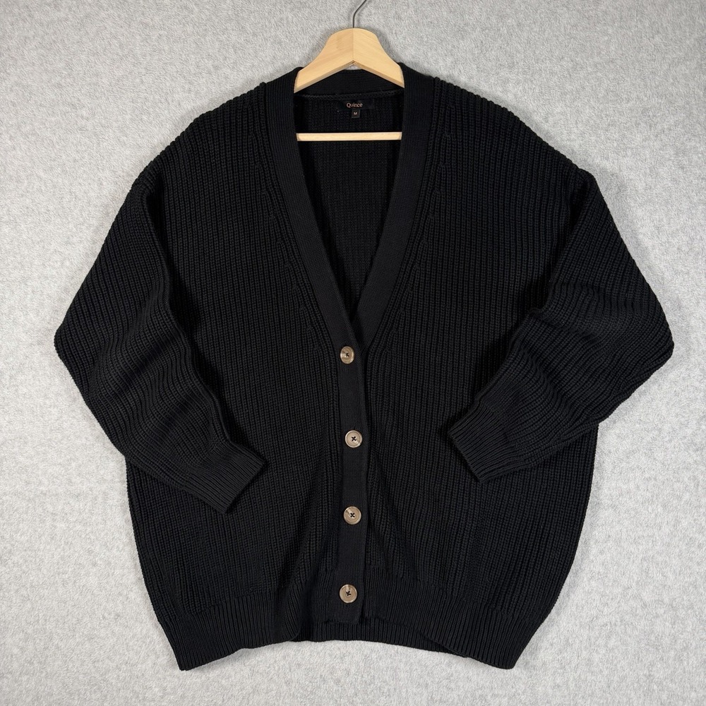 Quince 100% Organic Cotton Boyfriend Oversized Cardigan Womens Medium Black